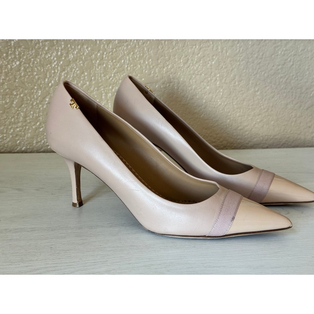 Tory Burch Chelsea Cap-Toe Pumps Blush Pink Leather Gold Logo Heels 8 - Picture 4 of 11